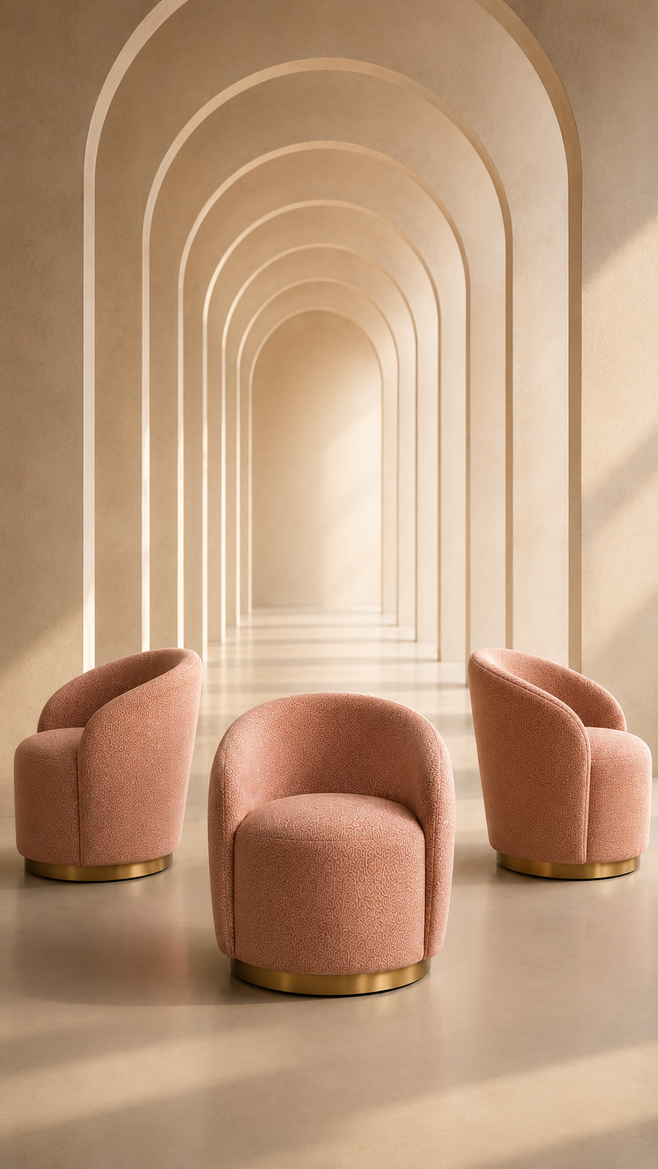 Blush velvet swivel armchairs with brass bases in a corridor of lit arches