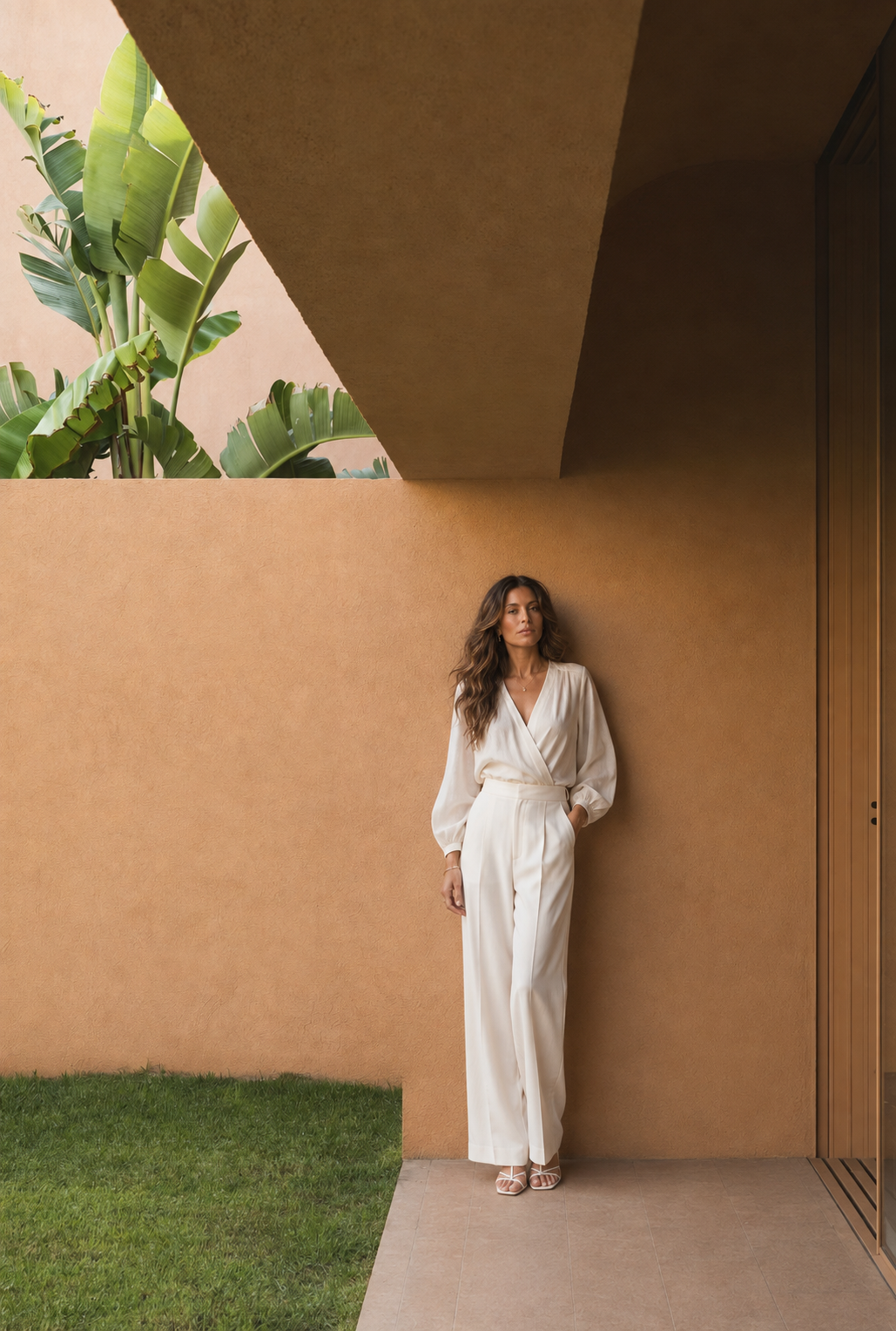 Woman in cream silk standing against a warm terracotta wall beside banana palms