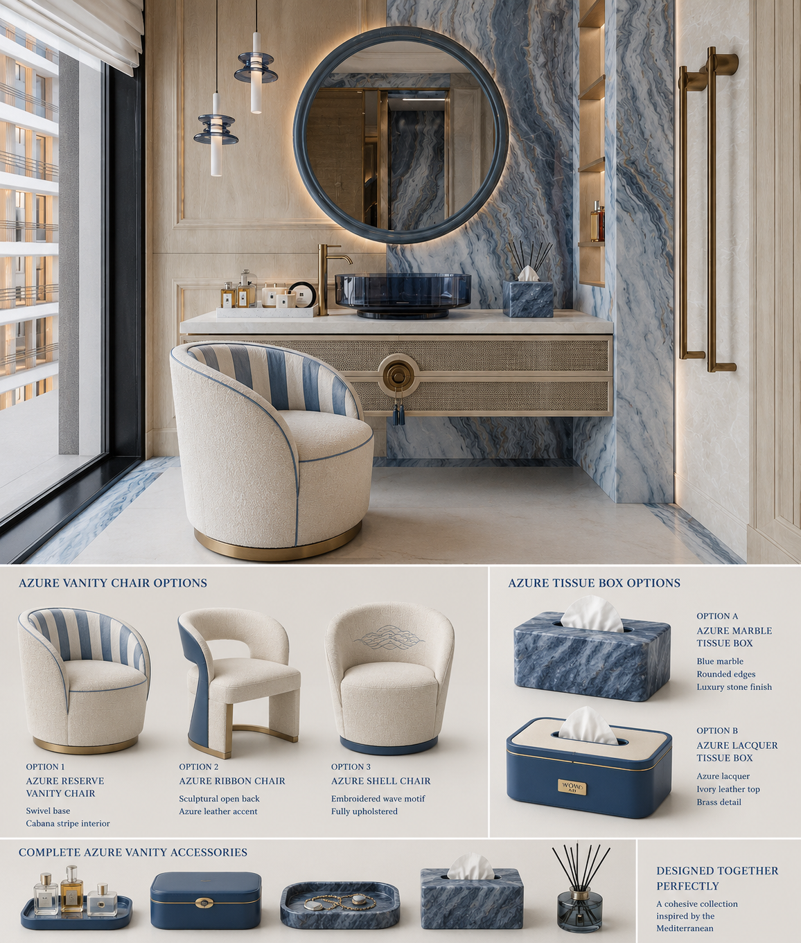 Azure collection — vanity chair options, marble and lacquer tissue boxes and coordinated accessories in blue and ivory