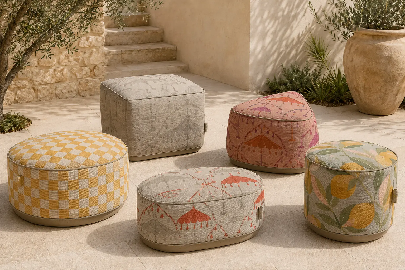 Printed outdoor poufs in checkerboard, parasol and lemon prints on a stone terrace