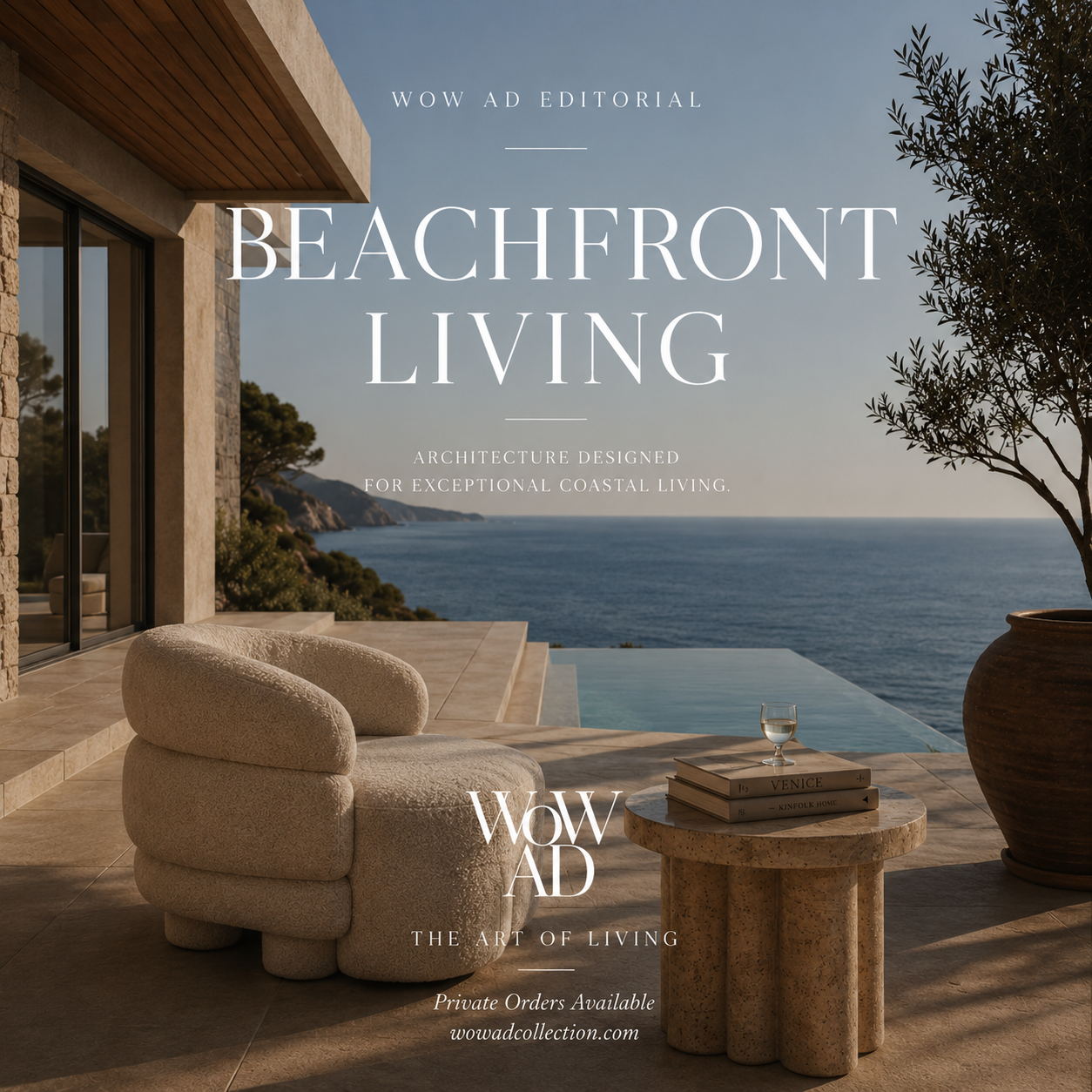 Beachfront Living editorial — bouclé lounge chair and travertine side table on a coastal terrace