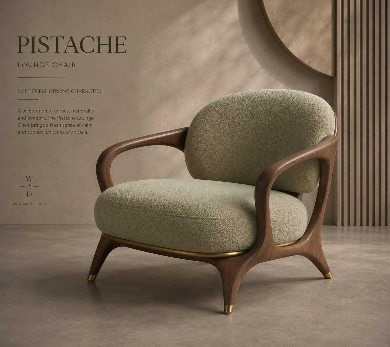 Pistache lounge chair in sage bouclé with a sculpted walnut frame and brass feet