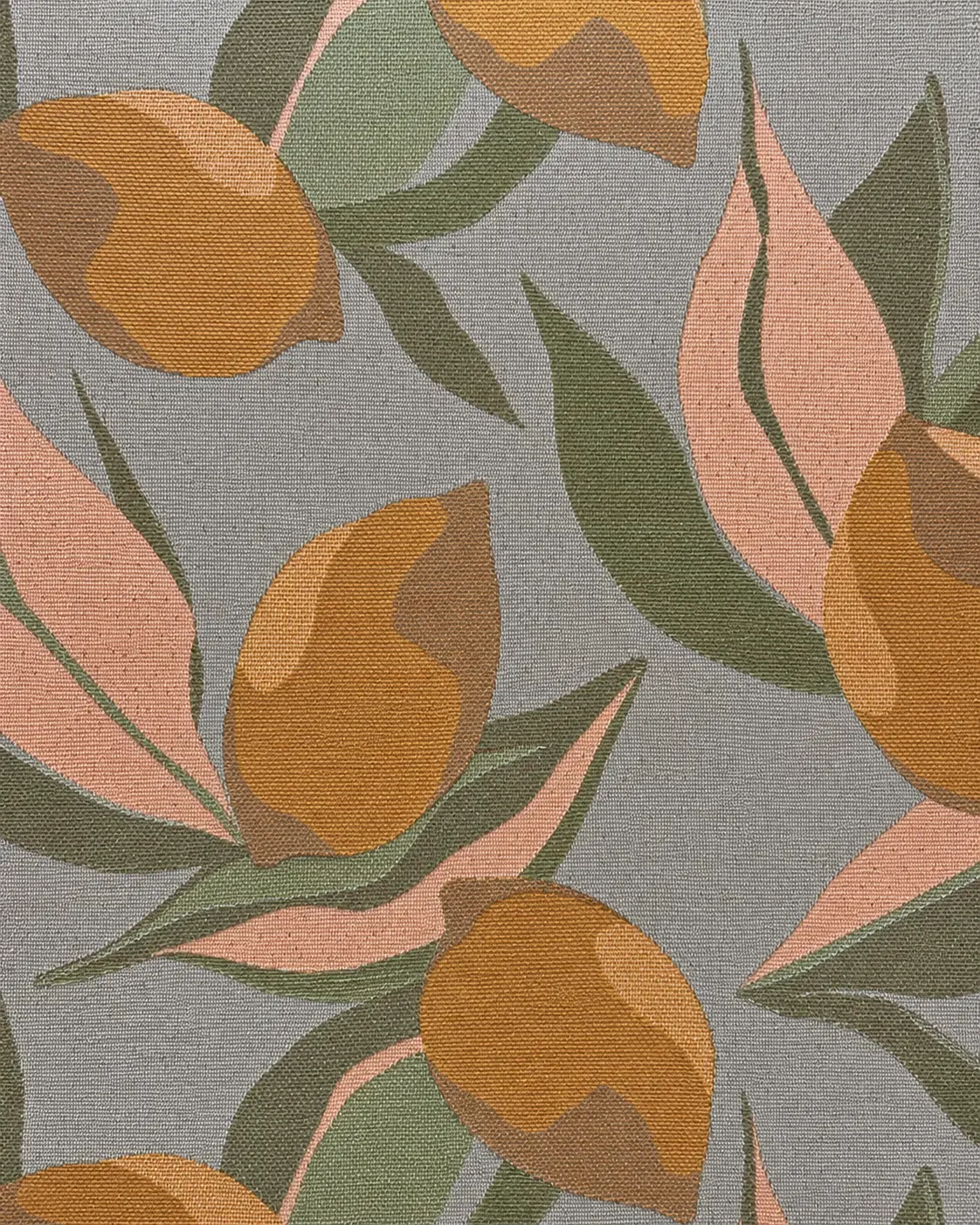 Hand-drawn lemon print on sage outdoor-grade woven cloth