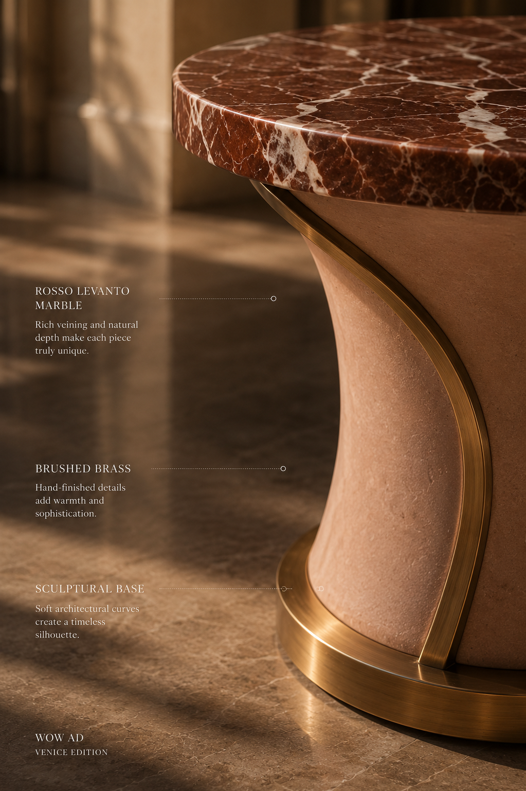 Rosso Levanto marble side table with brushed brass sculptural base