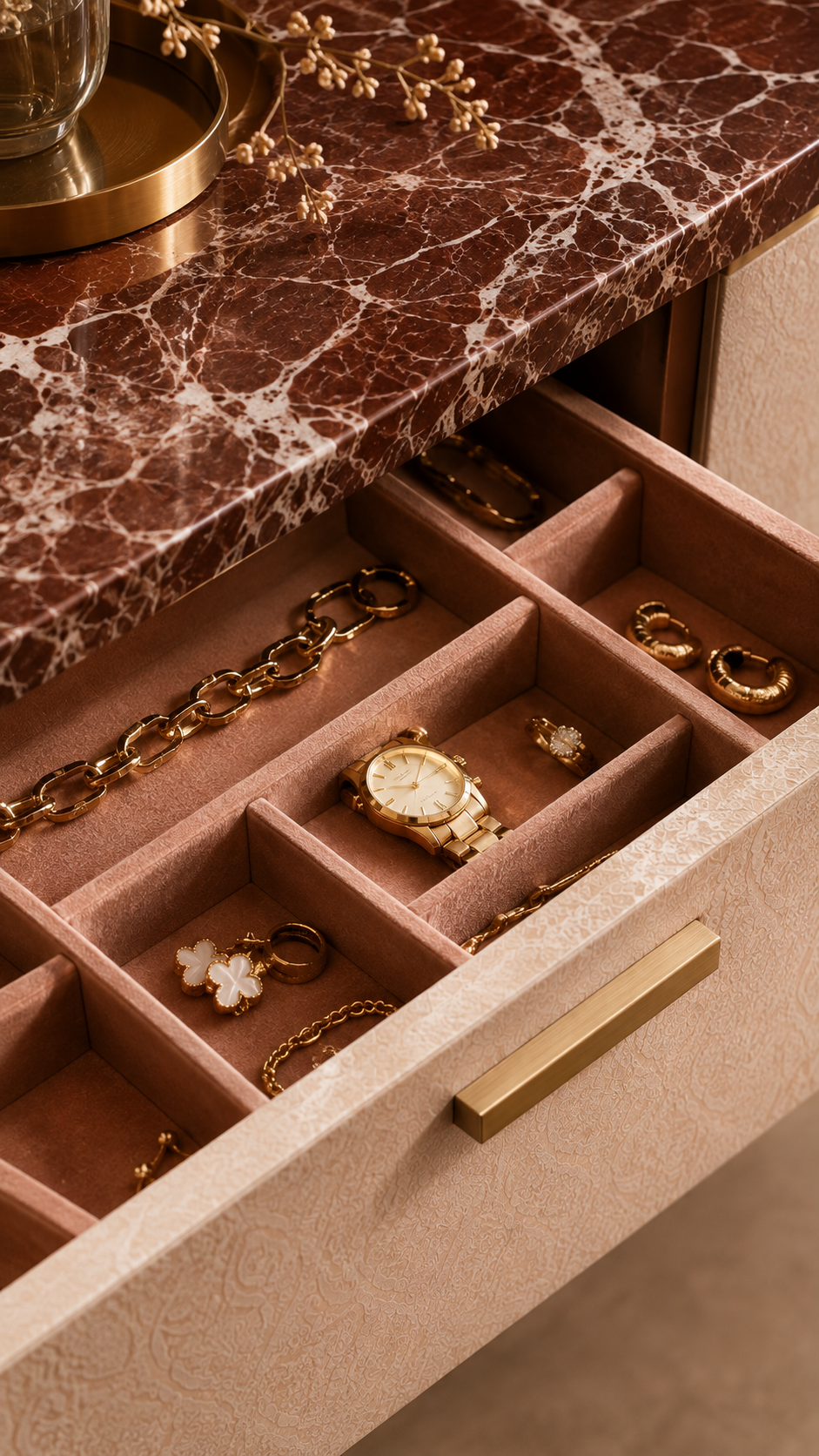 Open jewellery drawer in cream damask with rose-velvet compartments holding gold chains, watches and rings on Rosso Levanto marble