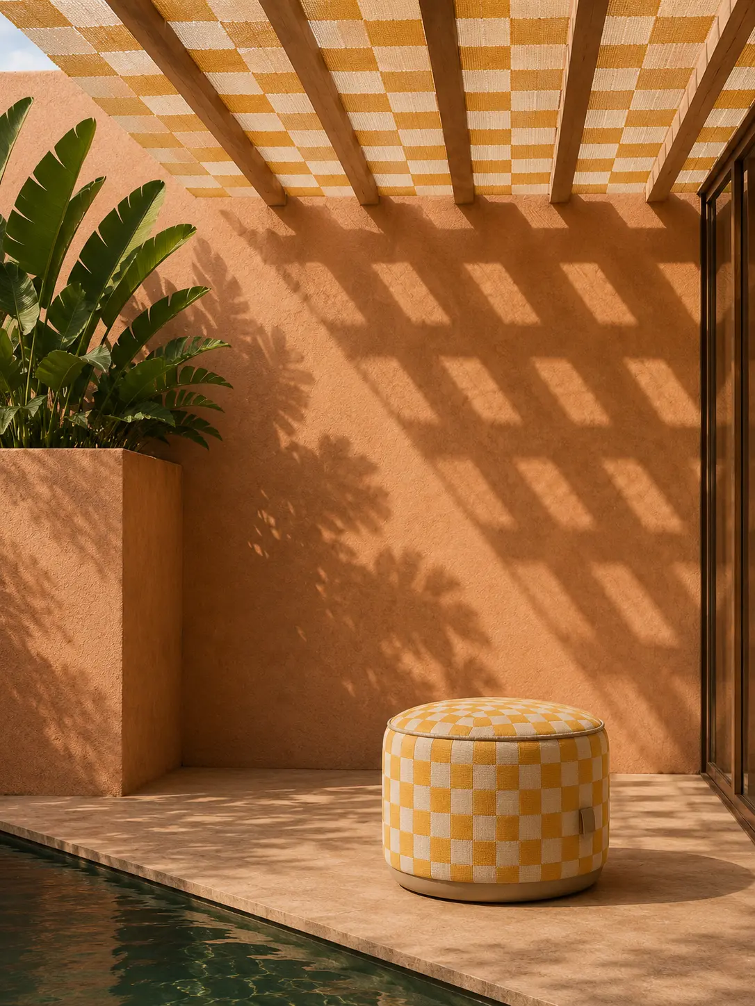 Checkered pouf on a sunlit terracotta terrace beside a pool, under a yellow checked pergola