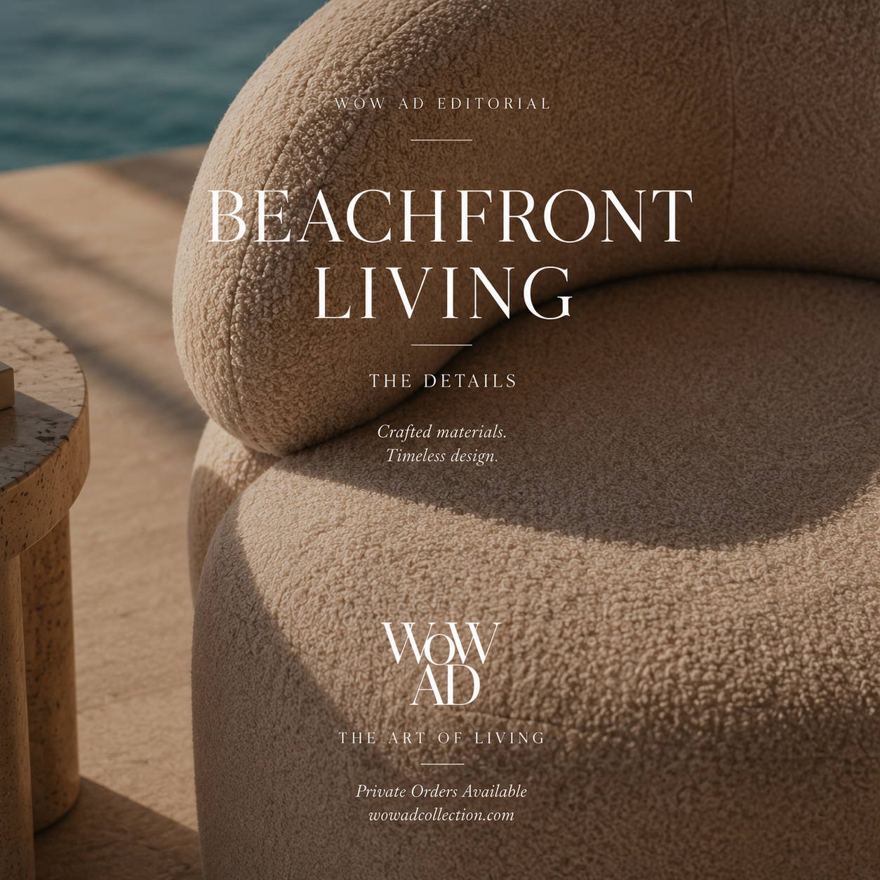 Close detail of the Beachfront bouclé lounge chair beside a speckled travertine table