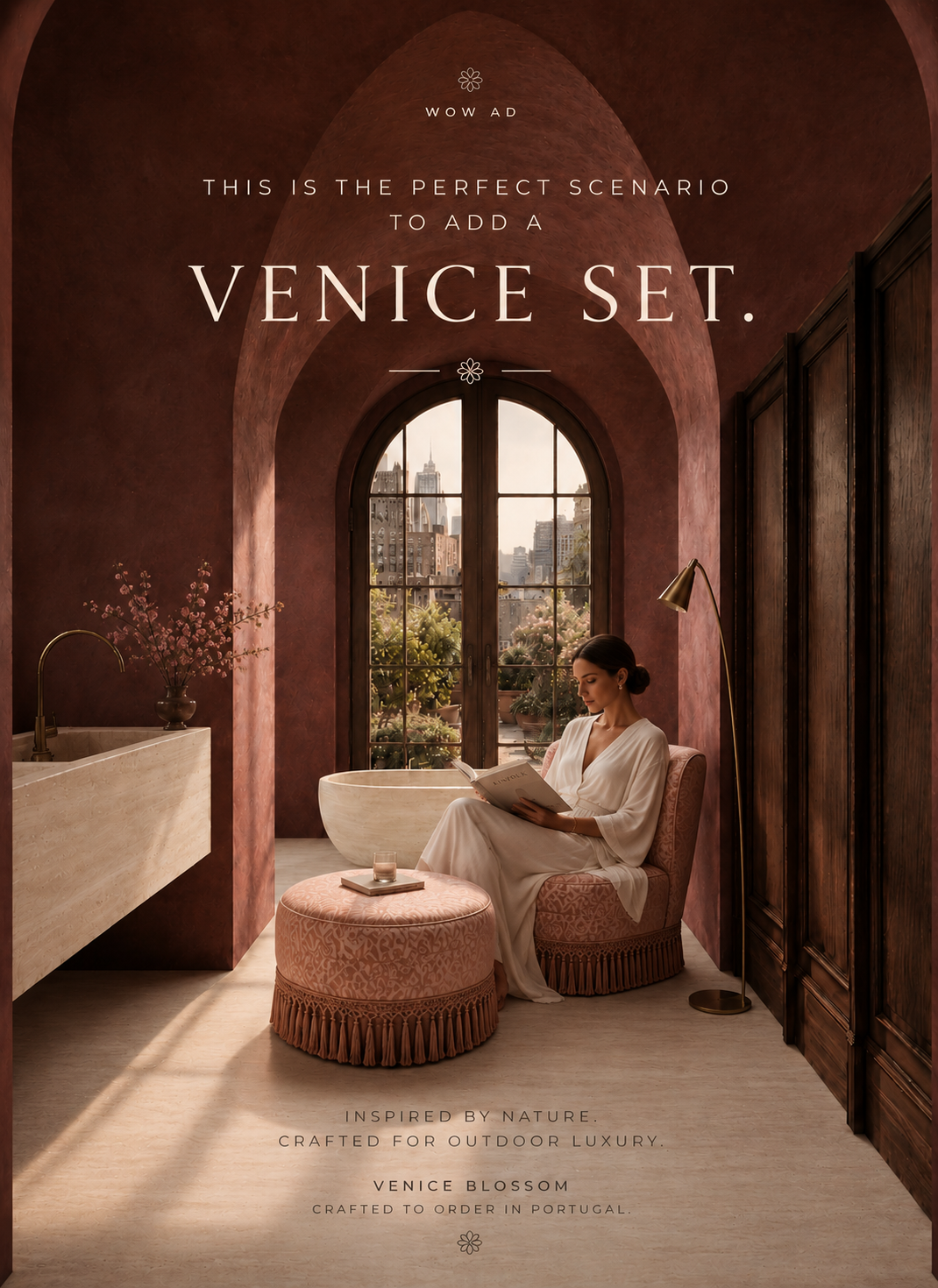 Venice Blossom set — fringed pouf and armchair in blush jacquard in an arched terracotta bathroom